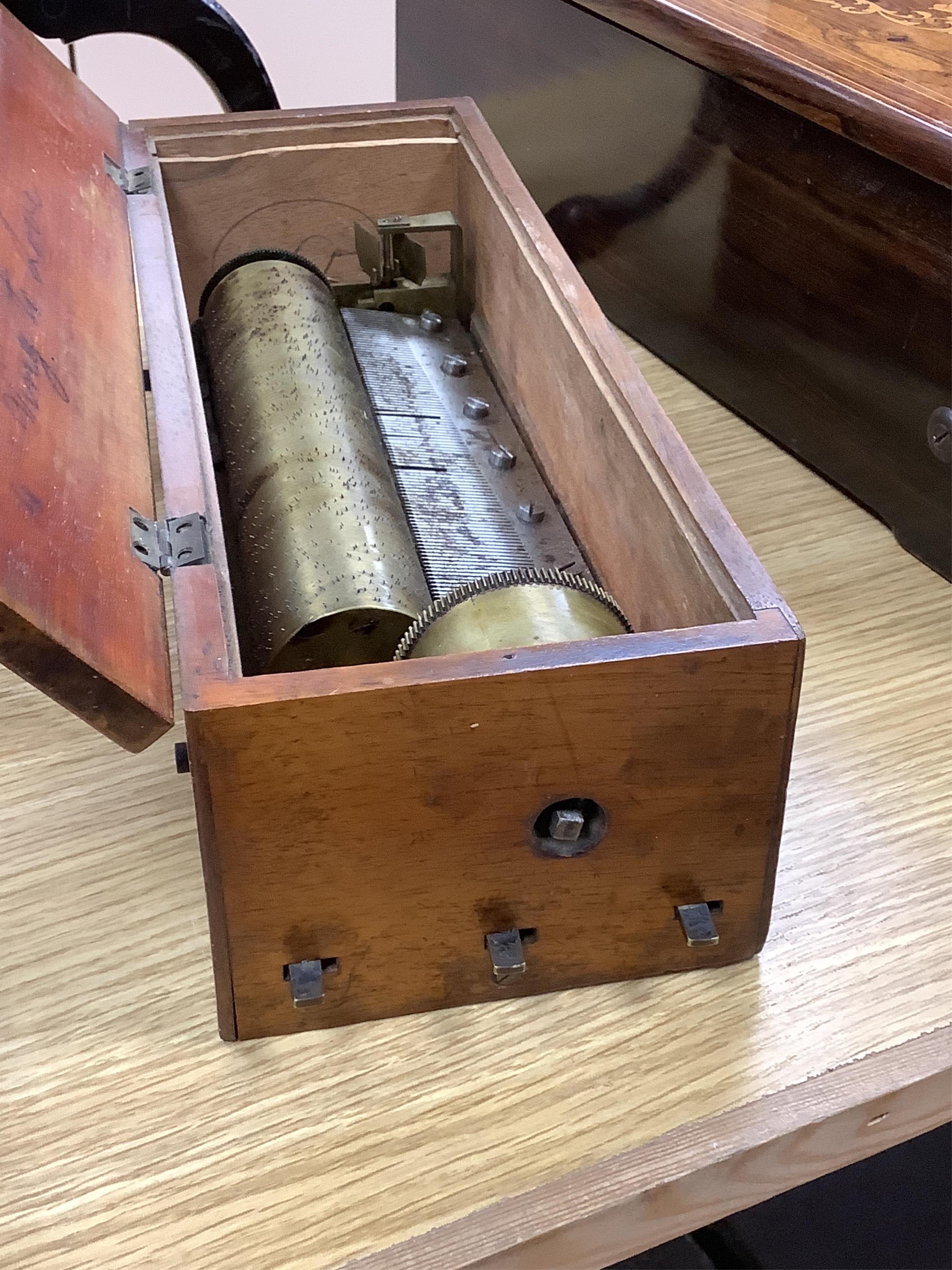 An early F. Nicole key-wound four-air Swiss cylinder box, number 14179, in mahogany case, cylinder length 19.5cm, case length 32cm.